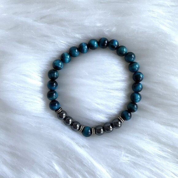 BLUE TIGER’S EYE BRACELET GEM BEAD BRACELT UNISEX NEW - Picture 3 of 5
